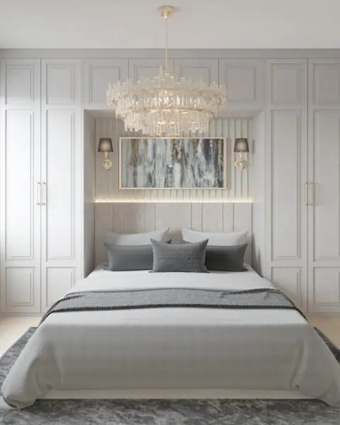 Ataşehir yatak odası ön cephe görünümü, simetrik dolap yerleşimi ve dekoratif aydınlatma detayları