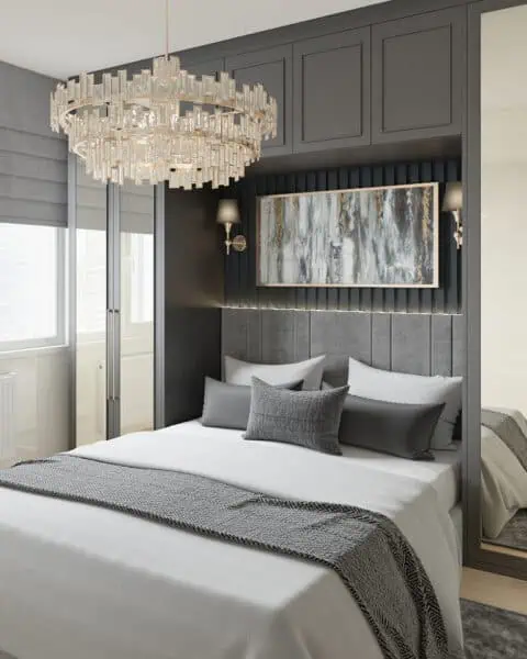 Ataşehir yatak odası yan perspektif - tuğ mimarlık Ataşehir modern yatak odası yan açıdan görünüm, gri dolap kapakları ve dekoratif başlık detayı