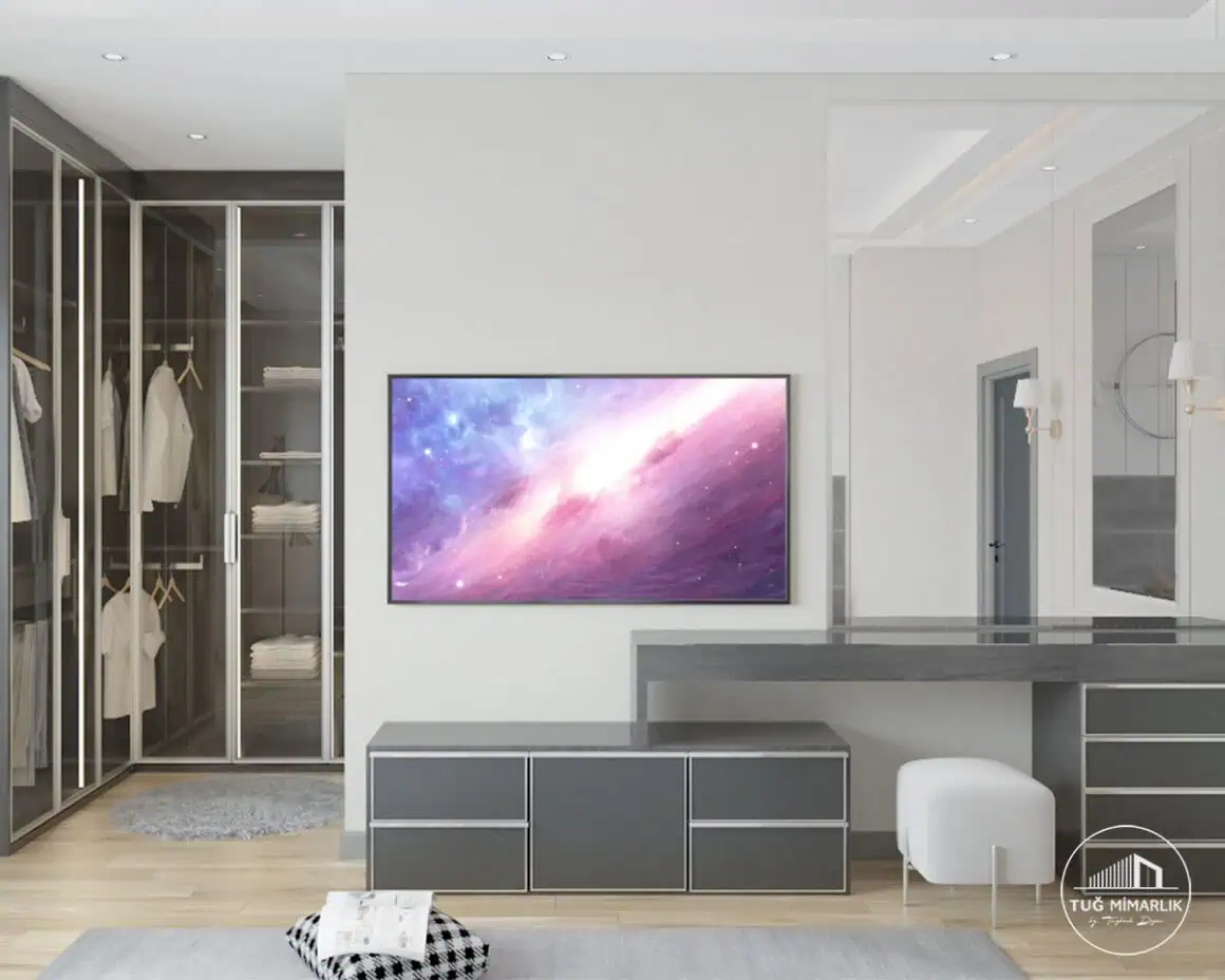 Bahçeşehir cam kapaklı dolaplı yatak odası - tuğ mimarlık Bahçeşehir cam kapaklı dolaplı yatak odasında tv ünitesi ve aynalı hazırlık alanı