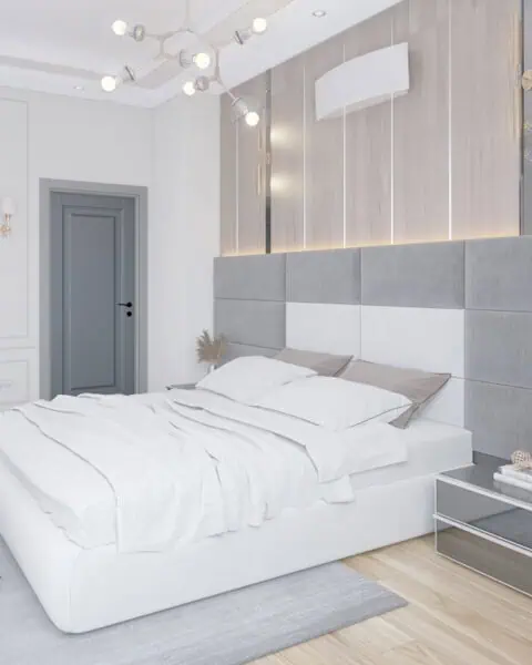 Bahçeşehir giyinme bölümlü yatak odasında döşemeli başlık duvarı ve yan görünüm