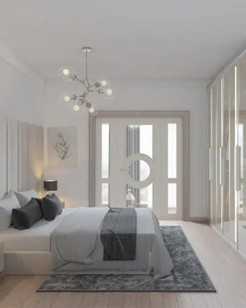 Başakşehir gardırop yerleşimi - tuğ mimarlık Modern bedroom with grey-and-white decor, a king bed, matching nightstands, and a large mirrored wardrobe.