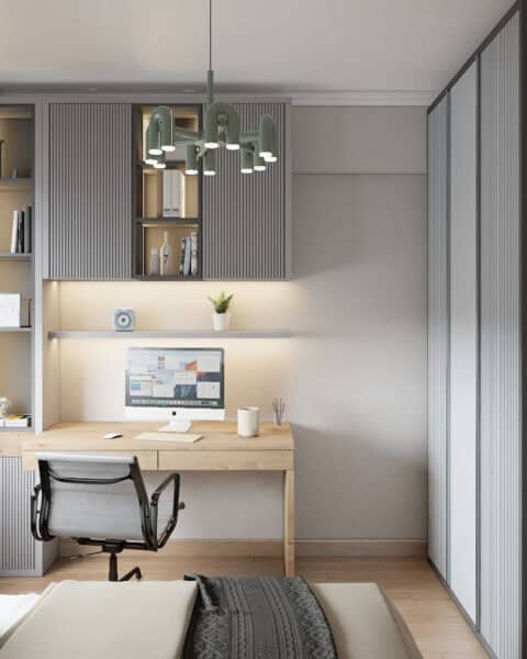 Başakşehir genç odasında ahşap çalışma masası, üst dolaplar ve açık raf detayları