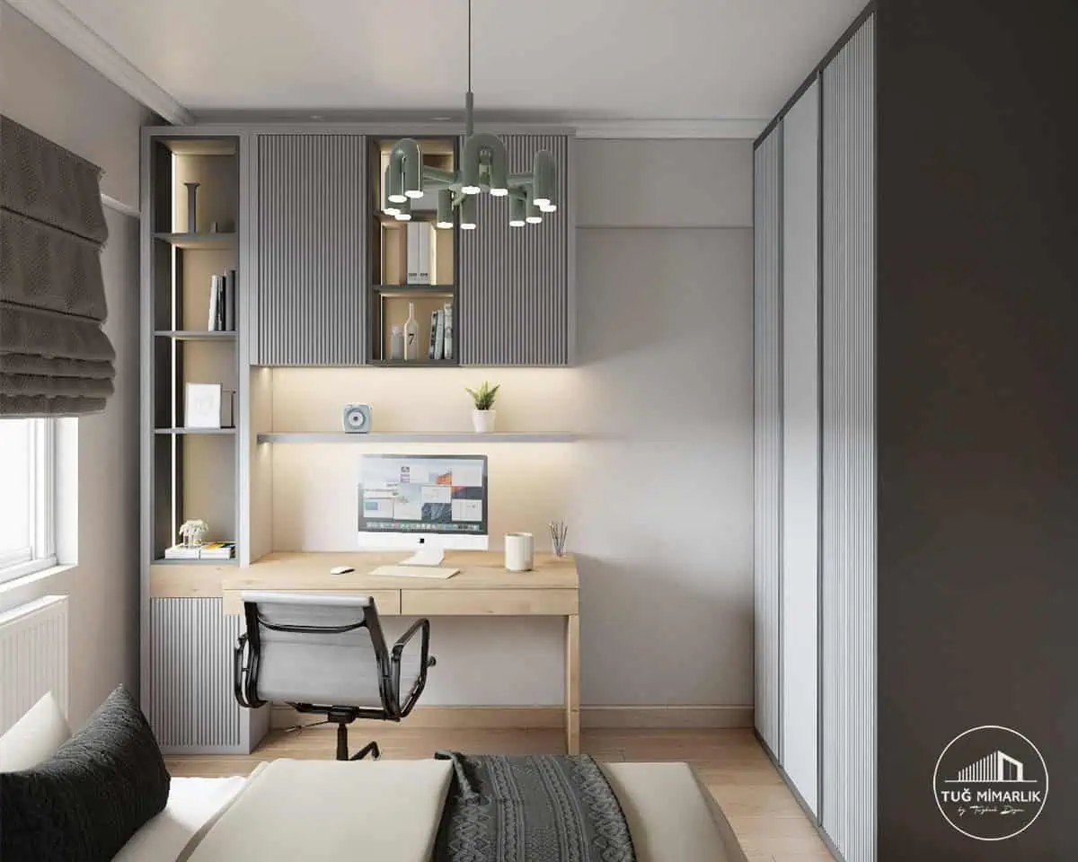 Başakşehir genç odası Çalışma alanı detayı - tuğ mimarlık Başakşehir genç odasında ahşap çalışma masası, üst dolaplar ve açık raf detayları