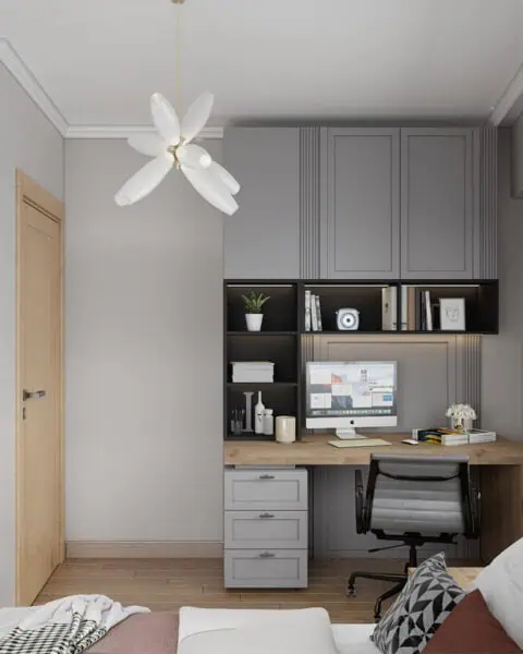Başakşehir genç odasında çalışma masası, üst dolap ve açık raf detayları