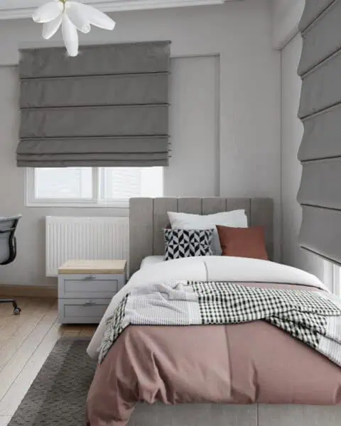 Başakşehir genç odasında tek kişilik yatak, çalışma masası ve gri tonlu mobilyalar