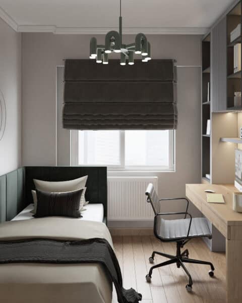 Başakşehir kompakt genç odasında tek kişilik yatak ve çalışma masası genel görünümü