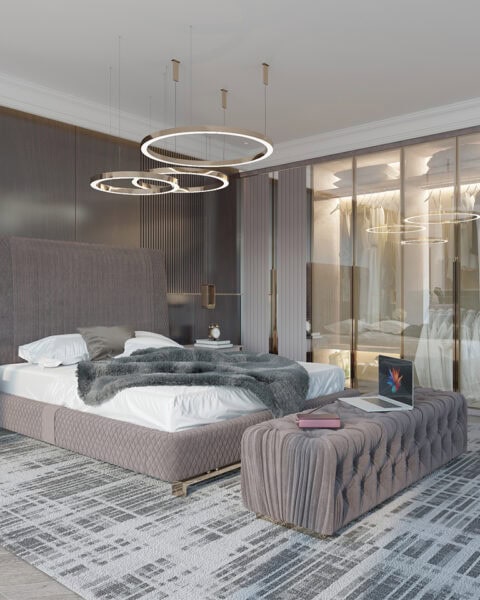 Benesta Benleo yatak odası projesinde yüksek başlık, yatak önü pufu ve cam kapaklı gardırop detayı