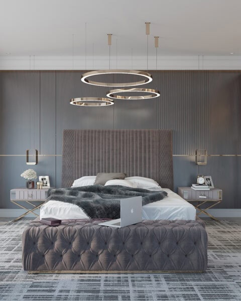 Benesta Benleo yatak odası genel görünümünde makyaj masası, gardırop ve geniş kullanım alanı