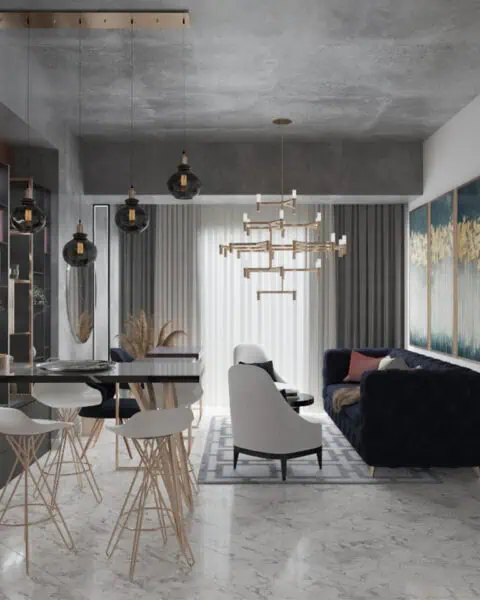 Bomonti salon projesinde açık mutfak, bar tezgâhı ve oturma alanı birlikte görülüyor