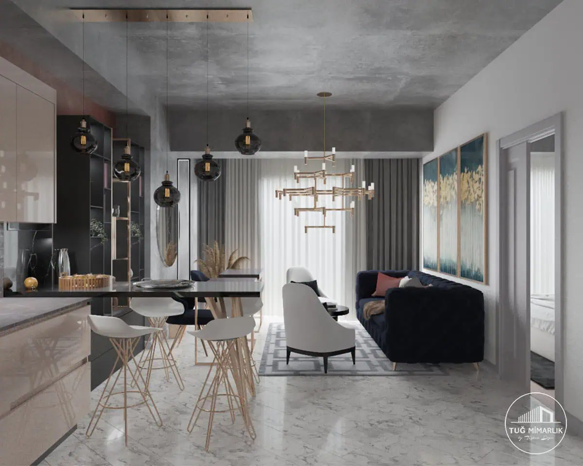 Bomonti salon açık mutfak - tuğ mimarlık Bomonti salon projesinde açık mutfak, bar tezgâhı ve oturma alanı birlikte görülüyor