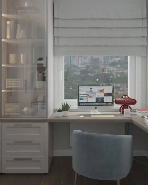 Bostancı pencere Önü Çalışma masası - tuğ mimarlık Bostancı genç odasında pencere önü çalışma masası ve cam kapaklı depolama ünitesi