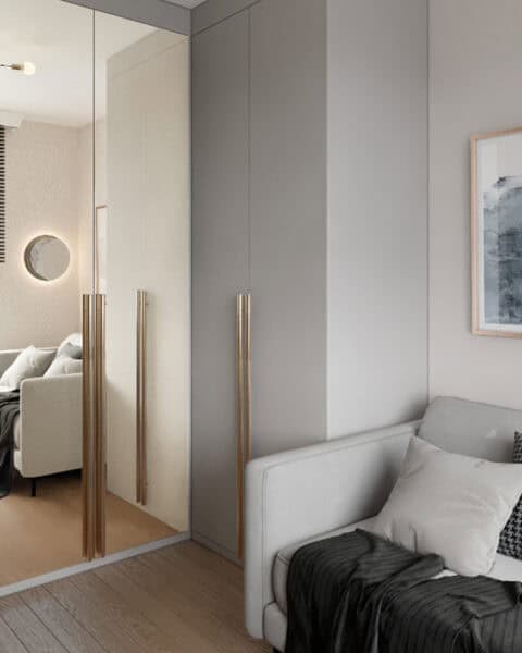 Bostancı çalışma odası projesinde aynalı dolap kapağı ve oturma alanı görünümü