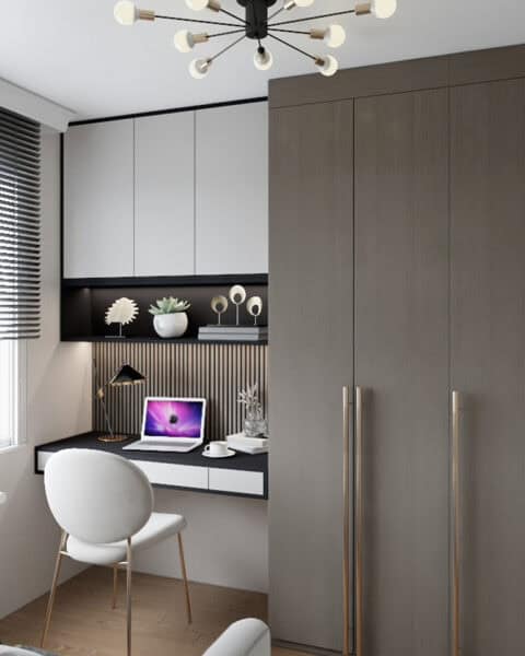 Bostancı çalışma odası projesinde özel üretim masa, üst modüller ve dolap görünümü