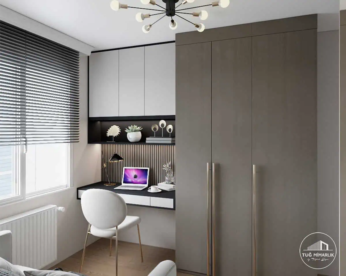 Bostancı Çalışma odası masa tasarımı - tuğ mimarlık Bostancı çalışma odası projesinde özel üretim masa, üst modüller ve dolap görünümü