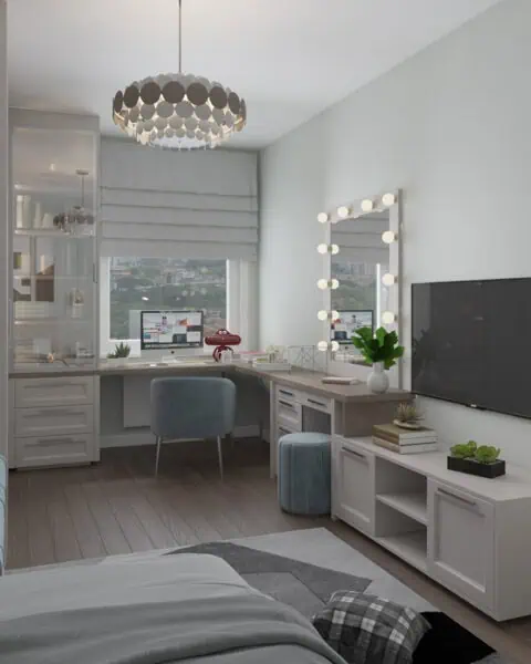Bostancı projesinde çalışma masası, makyaj alanı ve tv ünitesi bulunan genç odası genel görünümü