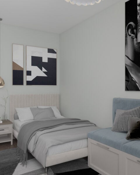 Bostancı genç odası yatak bölümü - tuğ mimarlık Bostancı genç odasında tek kişilik yatak, oturma bankı ve duvar sanatı bulunan bölüm