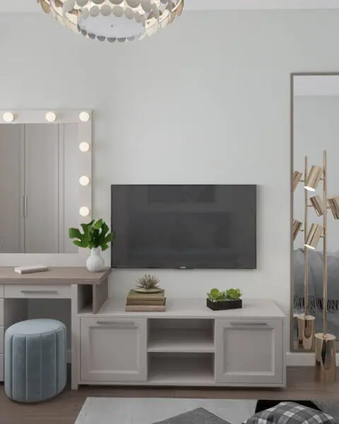 Bostancı genç odasında aydınlatmalı makyaj aynası, TV ünitesi ve boy aynası detayı