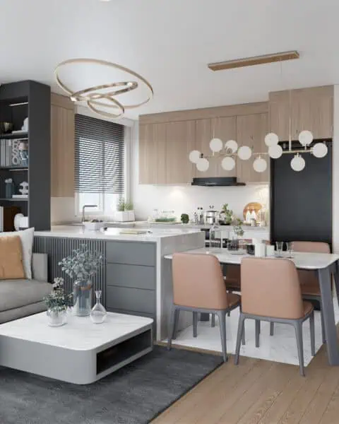 Bostancı salon açık mutfak - tuğ mimarlık Bostancı salon projesinde açık mutfak, yemek masası ve oturma alanı bir arada