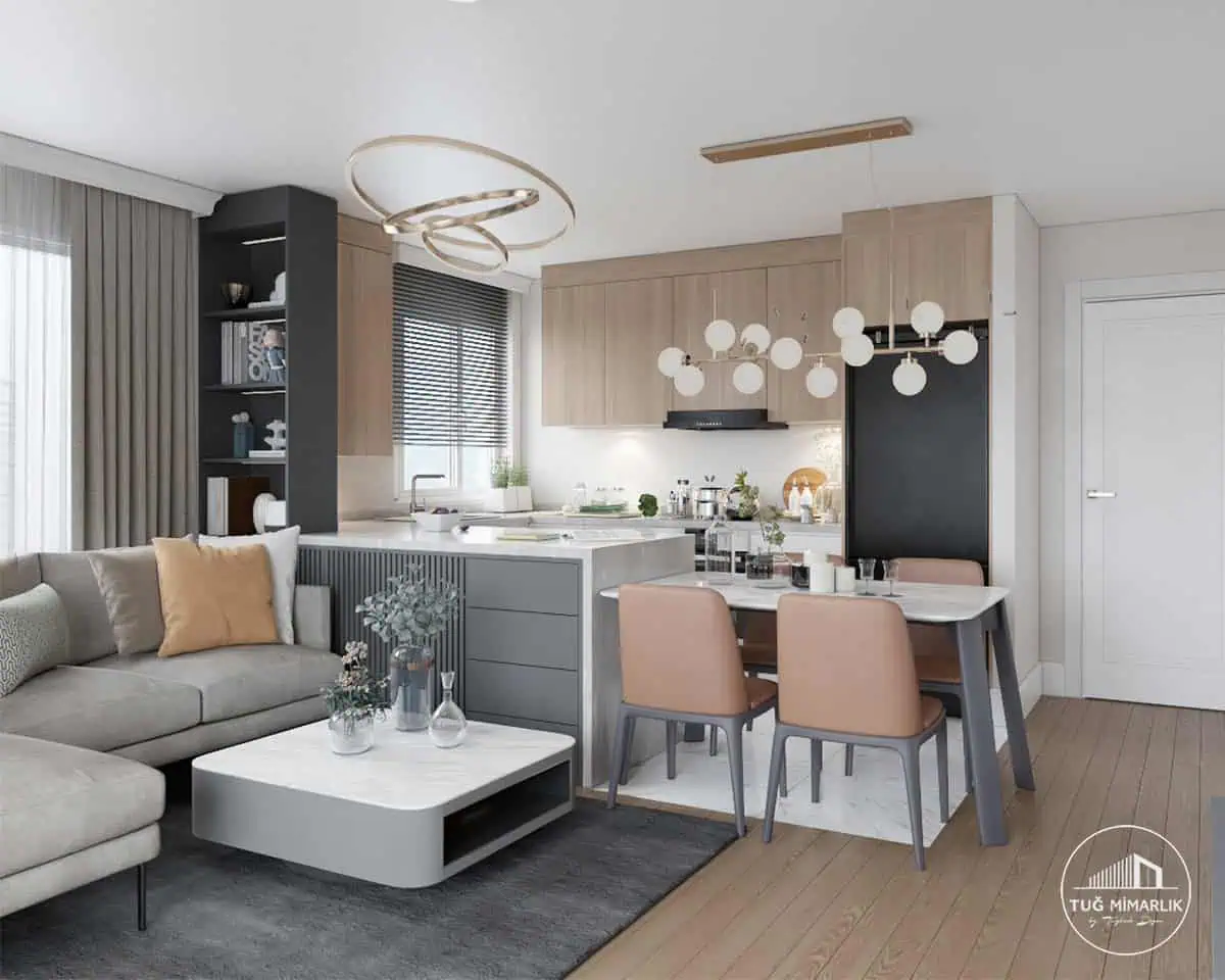 Bostancı salon açık mutfak - tuğ mimarlık Bostancı salon projesinde açık mutfak, yemek masası ve oturma alanı bir arada