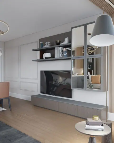 Bostancı salon tv Ünitesi - tuğ mimarlık Bostancı salon projesinde tv ünitesi, açık raf sistemi ve ahşap panel duvar tasarımı