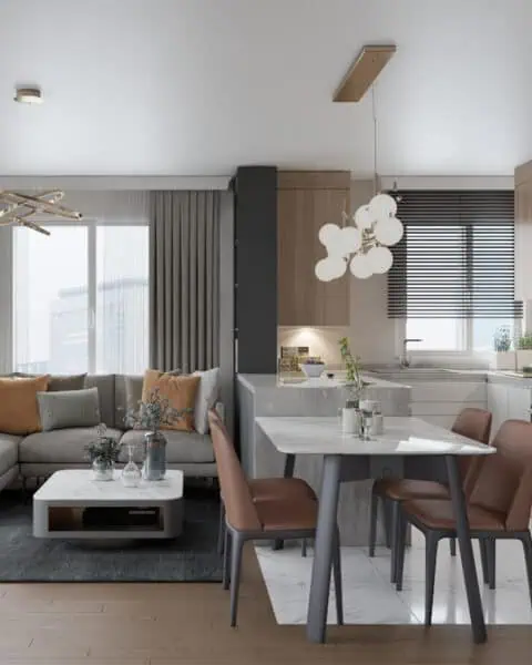 Bostancı salon yemek alanı - tuğ mimarlık Bostancı salon projesinde yemek alanı, açık mutfak ve L koltuk yerleşimi