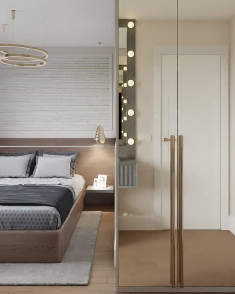 Bostancı yatak odası projesinde aynalı gardırop kapakları ve yatak alanı görünümü