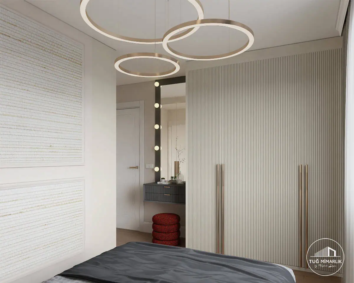 Bostancı yatak odası depolama - tuğ mimarlık Bostancı yatak odası projesinde gardırop, makyaj aynası ve depolama bölümü görünümü