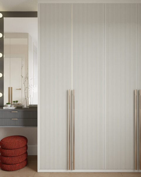 Bostancı yatak odası gardırop - tuğ mimarlık Bostancı yatak odası projesinde çizgisel kapaklı gardırop ve makyaj masası bölümü