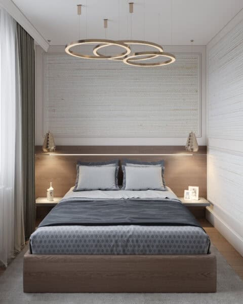 Bostancı yatak odası projesinde ahşap yatak başı, duvar paneli ve halka avize görünümü