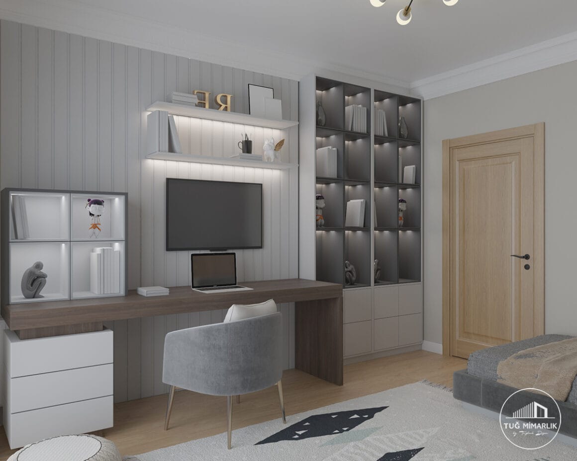 Büyükada genç odası Çalışma ve tv Ünitesi - tuğ mimarlık Büyükada genç odası iç mimari projesinde çalışma masası, TV ünitesi, açık raflar ve aydınlatmalı kütüphane