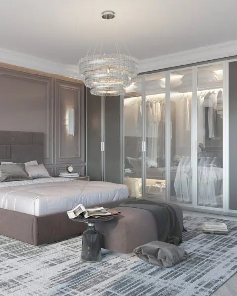 Büyükada yatak odası projesinde cam kapaklı gardırop, kumaş yatak ve klasik duvar çıtası detayı