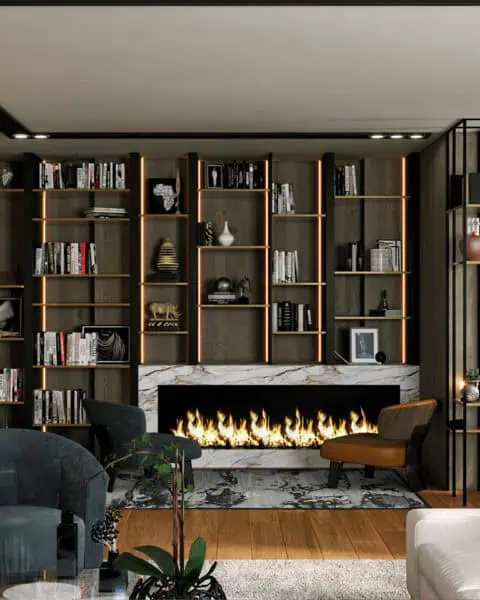 Caddebostan salon Şömine duvarı - tuğ mimarlık Caddebostan salon projesinde şömine duvarı ve açık raflı özel üretim salon tasarımı