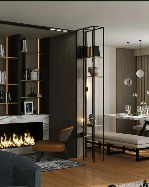 Caddebostan salon Şömine ve yemek alanı - tuğ mimarlık Caddebostan salonunda şömine duvarı, açık raf sistemi ve yemek alanı geçişi