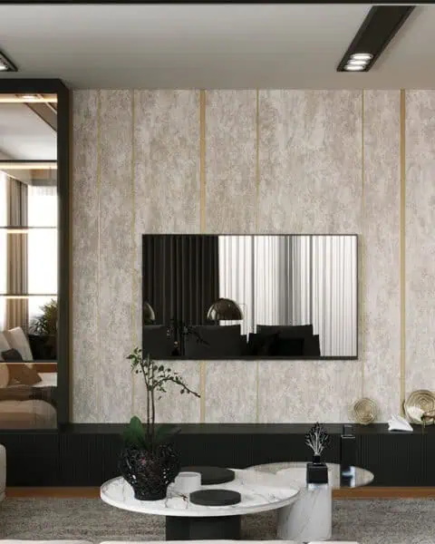 Caddebostan salon tv Ünitesi - tuğ mimarlık Caddebostan salon projesinde tv ünitesi, dekoratif duvar paneli ve siyah konsol tasarımı