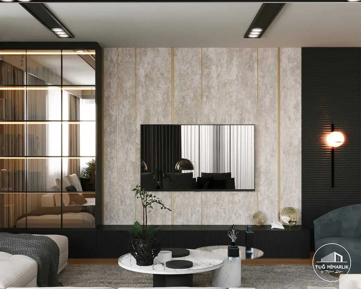 Caddebostan salon tv Ünitesi - tuğ mimarlık Caddebostan salon projesinde tv ünitesi, dekoratif duvar paneli ve siyah konsol tasarımı