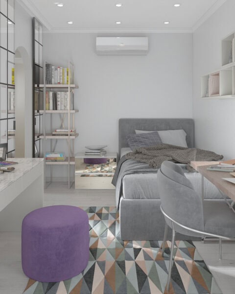 Çengelköy genç odasında çalışma masası, tek kişilik yatak ve raflı düzen görünümü
