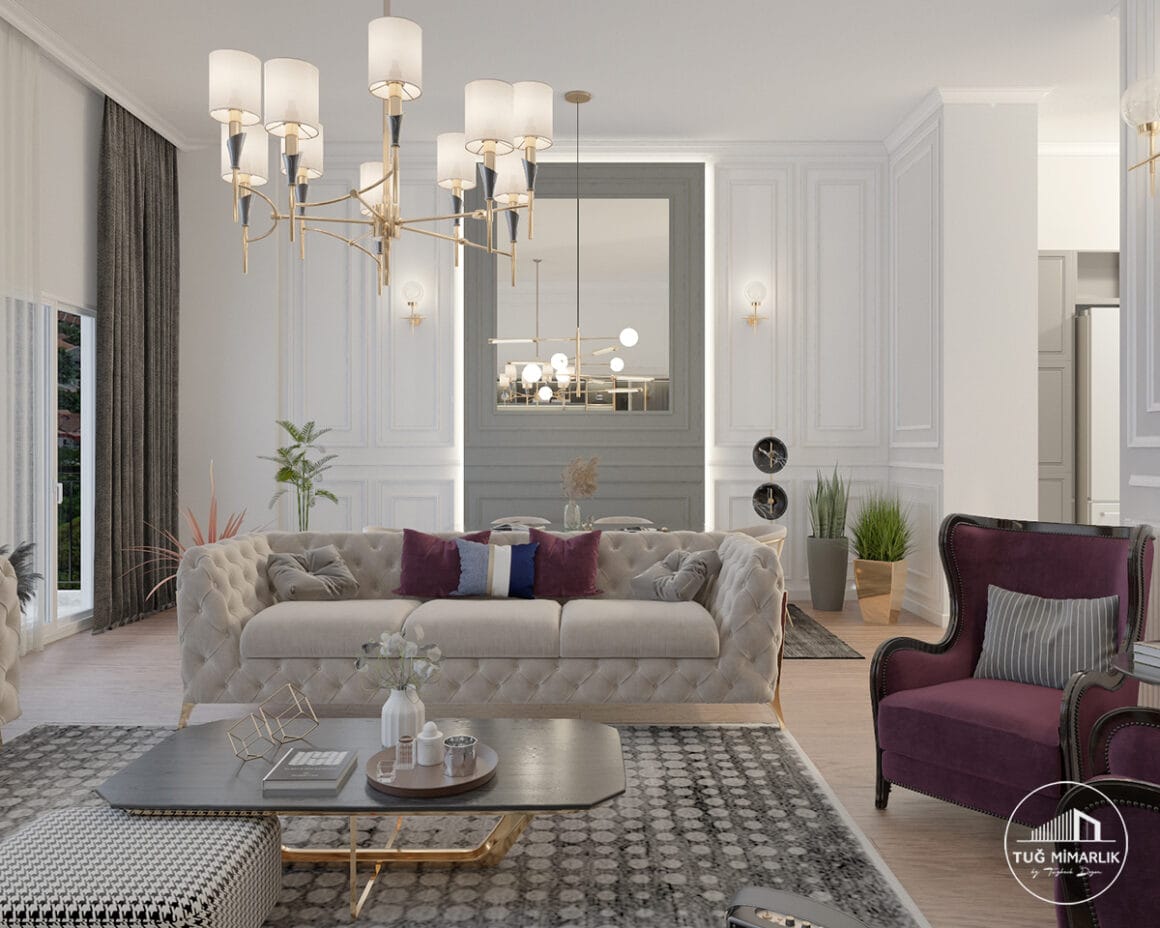 Çengelköy chester koltuklu salon - tuğ mimarlık Çengelköy salonunda chester koltuk, bordo berjer ve orta sehpa görünümü