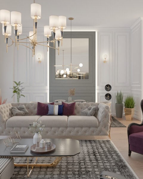 Çengelköy salonunda chester koltuk, bordo berjer ve orta sehpa görünümü