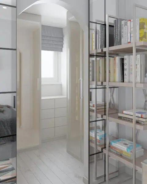 Çengelköy genç odasında kemerli geçiş, kitaplık ve cam çerçeveli dolap görünümü