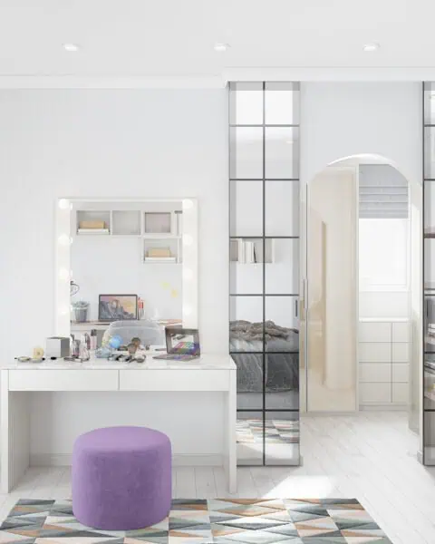 Çengelköy genç odasında makyaj masası, kemerli geçiş ve cam çerçeveli dolap görünümü