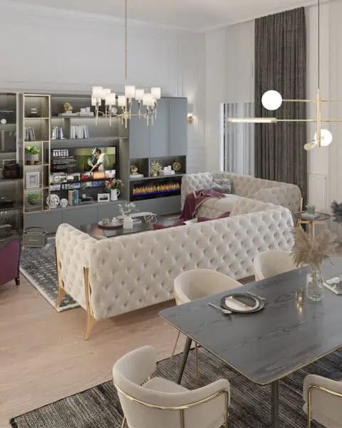 Çengelköy Şömineli salon genel görünüm - tuğ mimarlık Çengelköy salonunda chester koltuklar, yemek masası, vitrinli tv ünitesi ve elektrikli şömine görünümü