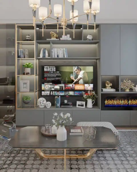 Çengelköy salonunda vitrinli tv ünitesi, elektrikli şömine ve açık raf sistemi görünümü