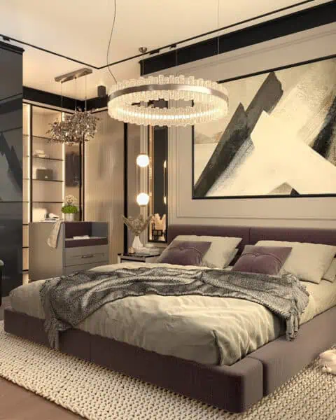 Çubuklu Vadi Evleri projesinde büyük yatak, halka avize ve tablo detaylı lüks yatak odası