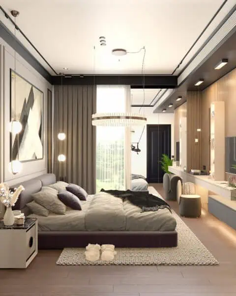 Çubuklu Vadi Evleri yatak odasında uzun mobilya yerleşimi, televizyon ünitesi ve giyinme alanı hissi