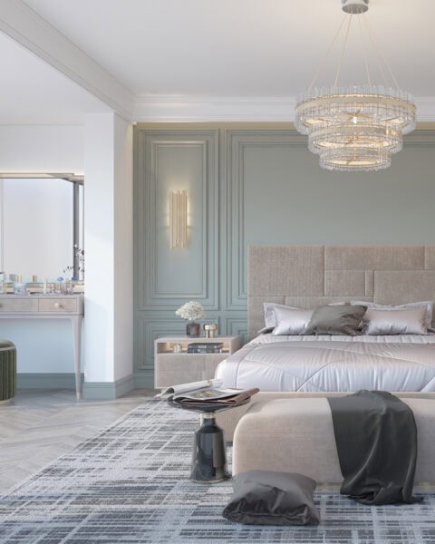 Etiler modern yatak odası tasarımında makyaj masası, geniş halı ve cam kapaklı dolap görünümü