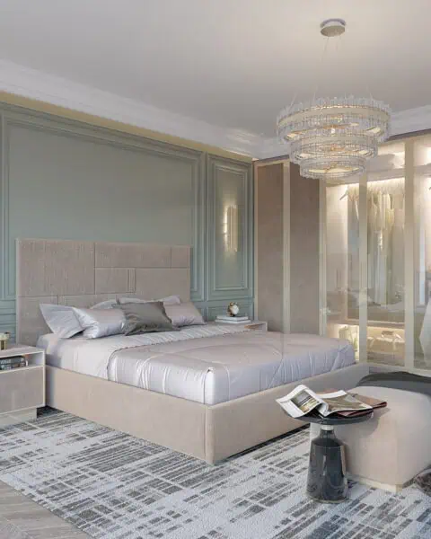 Etiler yatak odası projesinde giyinme bölmeli cam kapaklı dolap ve özel duvar paneli