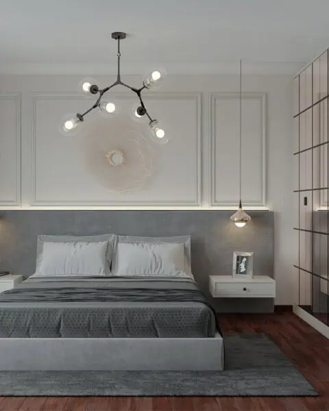 Feneryolu aynalı gardıroplu yatak odasında gri başlık ve ayna kapaklı dolap ön görünüm