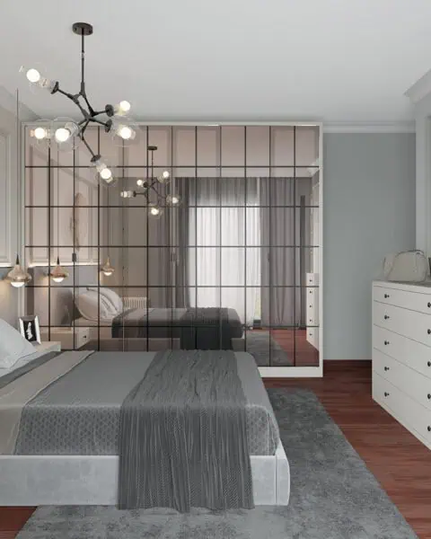 Feneryolu yatak odası depolama köşesi - tuğ mimarlık Feneryolu yatak odasında çekmeceli depolama ünitesi ve aynalı gardırop görünümü