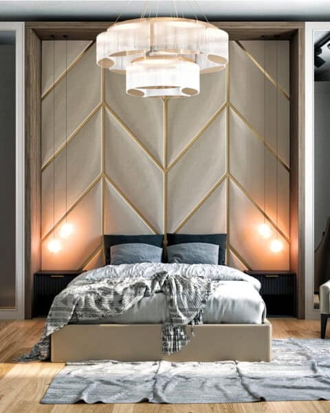 Florya Art Deco yatak odasında geometrik başlık paneli ve gömme dolap detayı