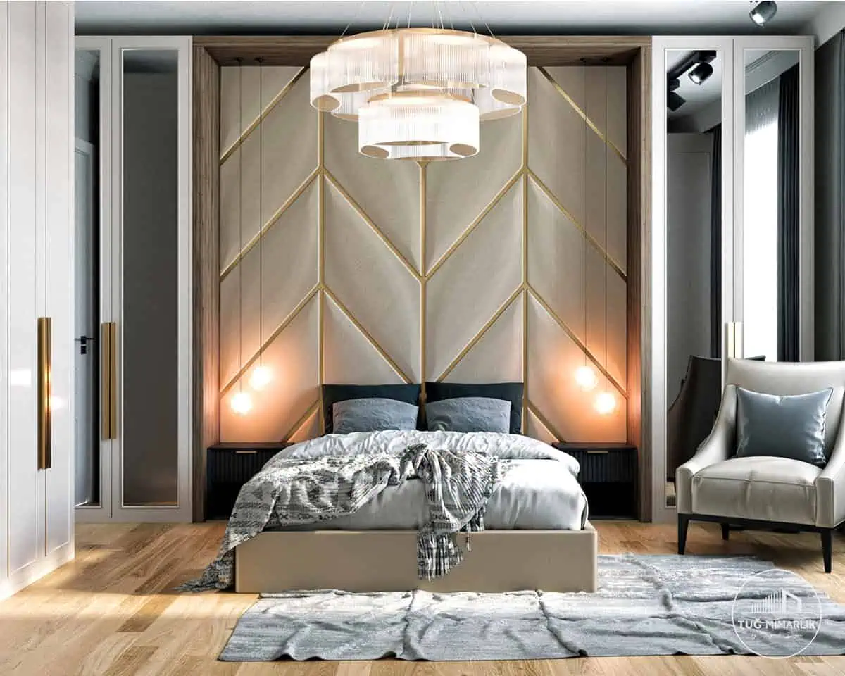 Florya art deco yatak odası başlık paneli - tuğ mimarlık Florya Art Deco yatak odasında geometrik başlık paneli ve gömme dolap detayı